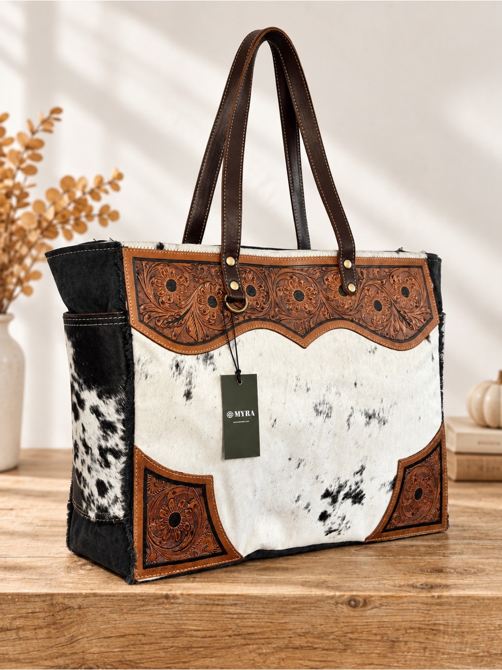 Myra Hair-On Hide Weekender XL Tooled Leather Western Travel Bag NWT - Picture 5 of 12